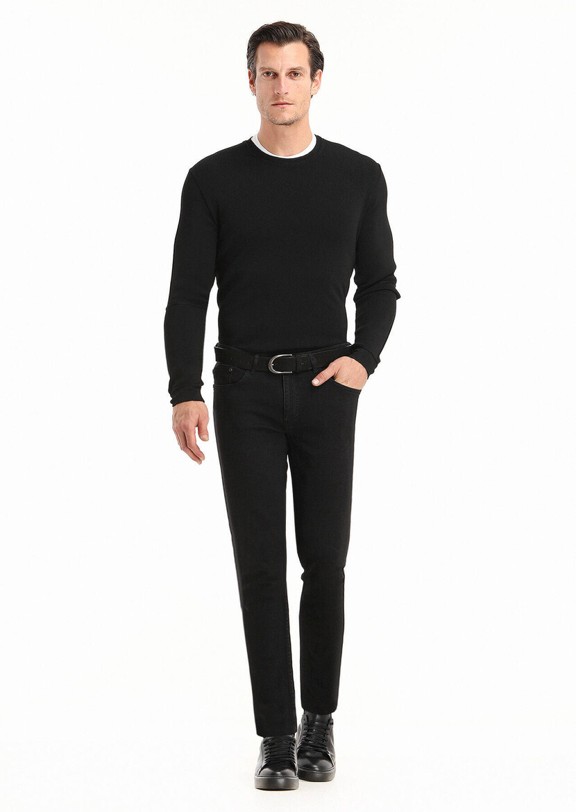 Black Slim Fit Denim Cotton Blended Trousers - 1