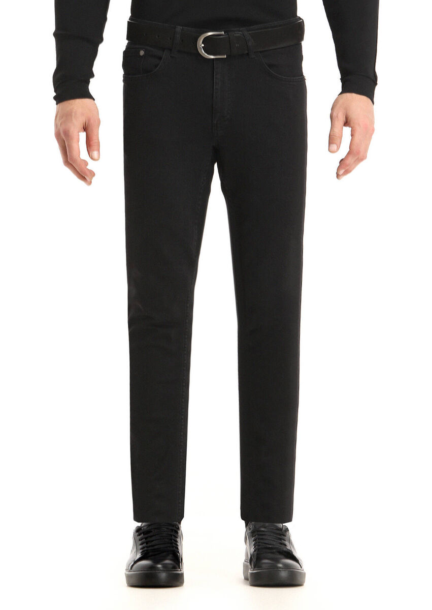 Black Slim Fit Denim Cotton Blended Trousers - 2