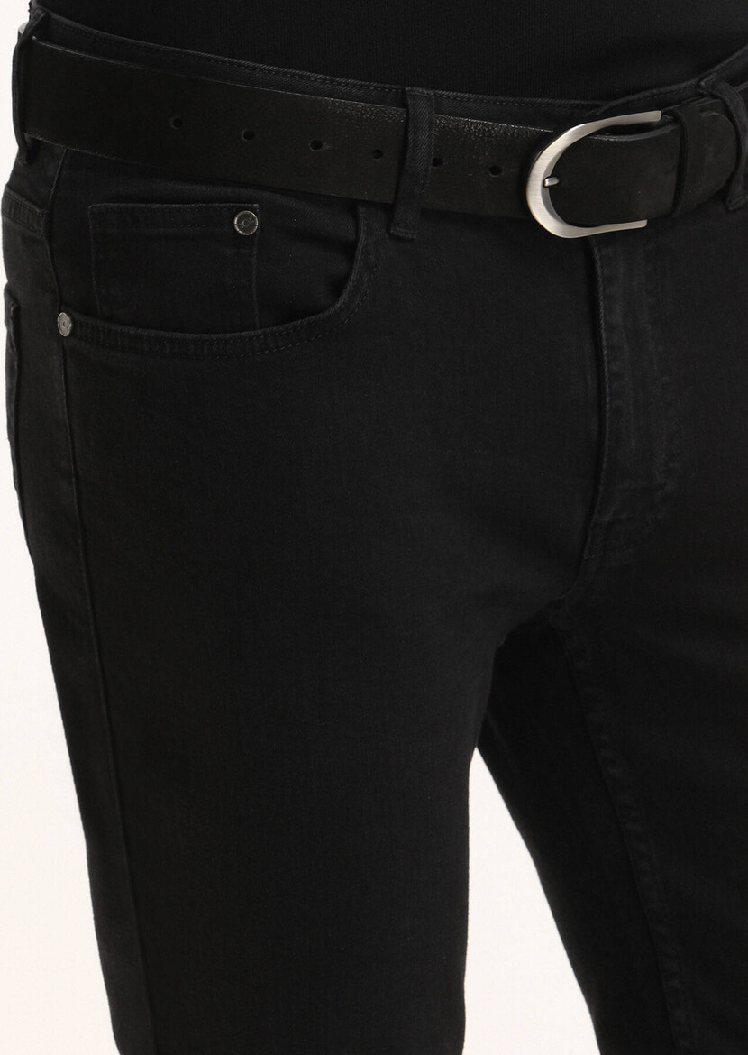 Black Slim Fit Denim Cotton Blended Trousers - 3