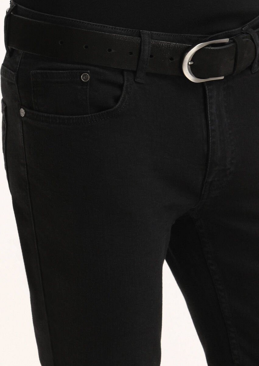 Black Slim Fit Denim Cotton Blended Trousers - 3