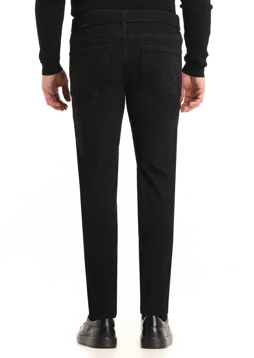 Black Slim Fit Denim Cotton Blended Trousers - 4