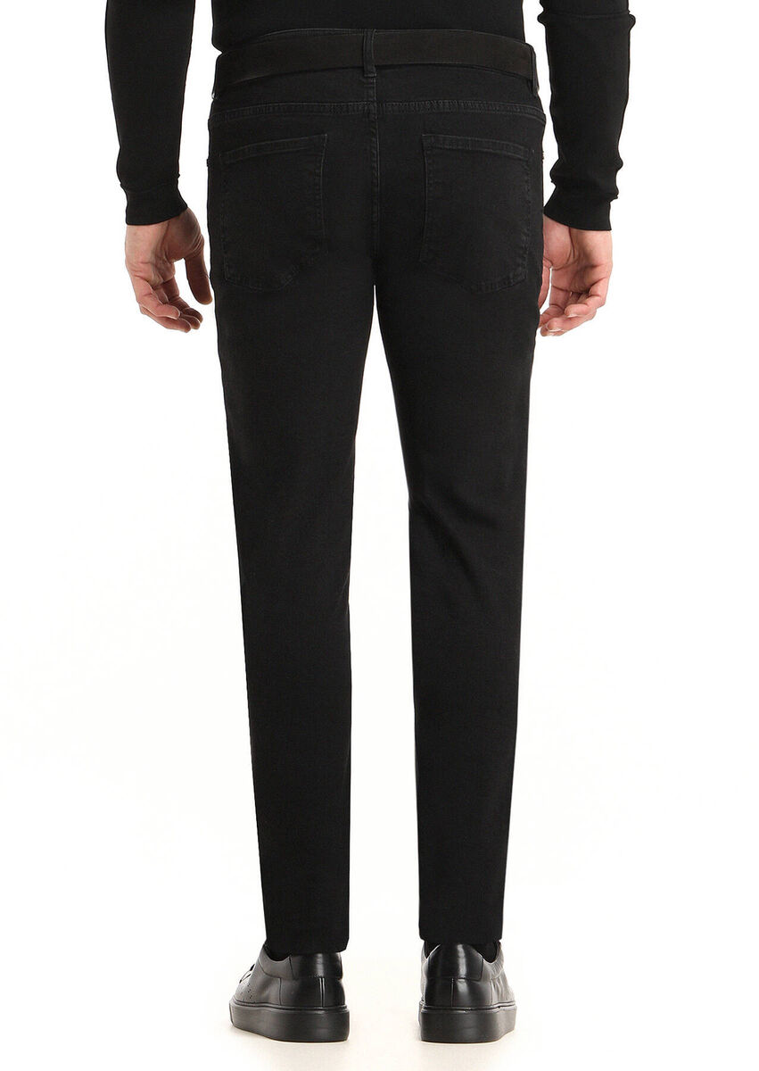 Black Slim Fit Denim Cotton Blended Trousers - 4