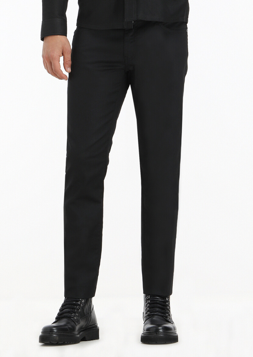 Black Slim Fit Denim Cotton Blended Trousers - 3