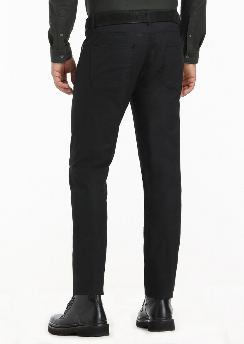Black Slim Fit Denim Cotton Blended Trousers - 4