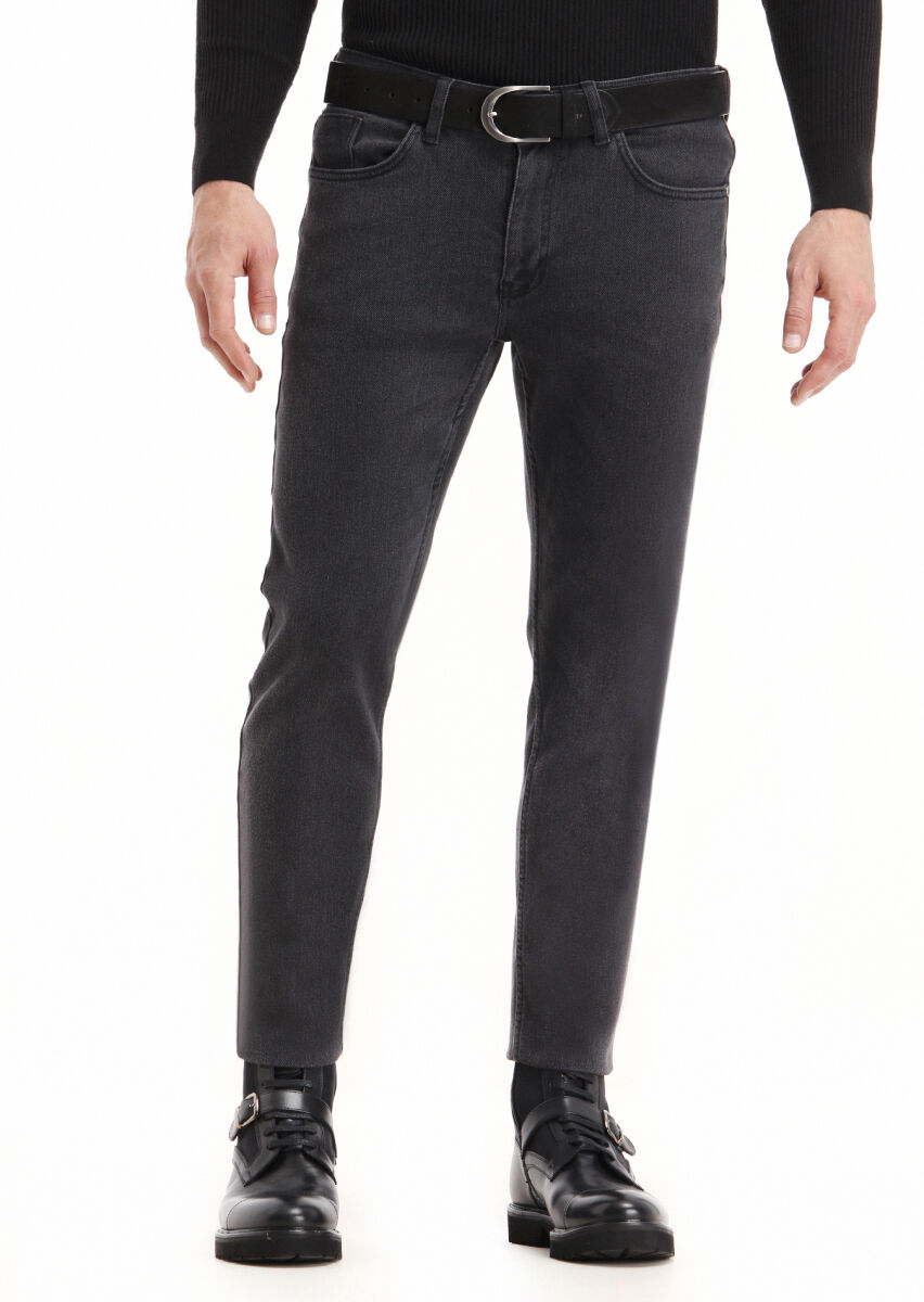 Black Slim Fit Denim Cotton Blended Trousers - 2