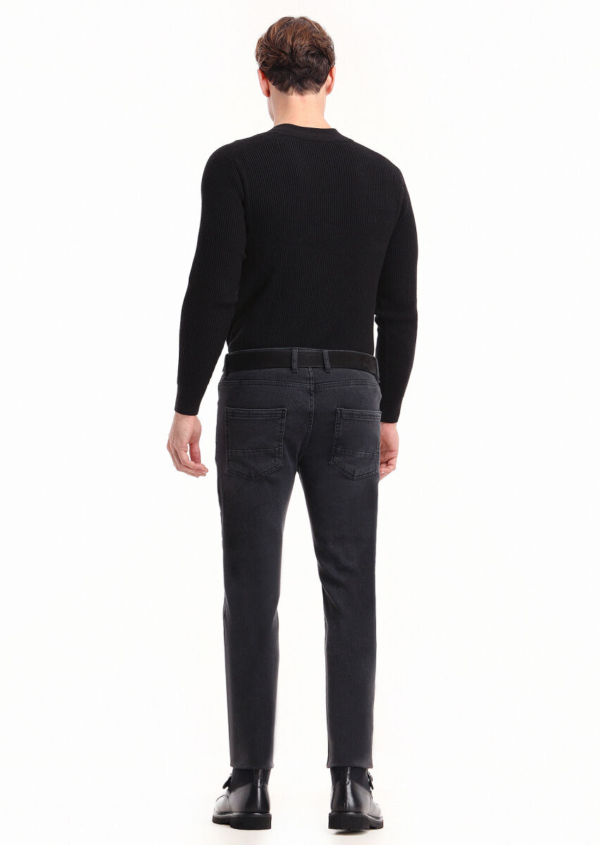 Black Slim Fit Denim Cotton Blended Trousers - 3