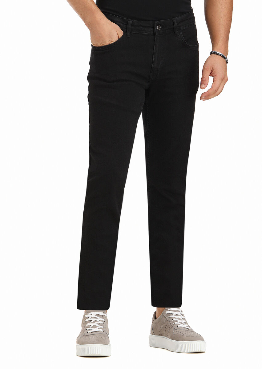 Black Slim Fit Denim Cotton Blended Trousers - 2