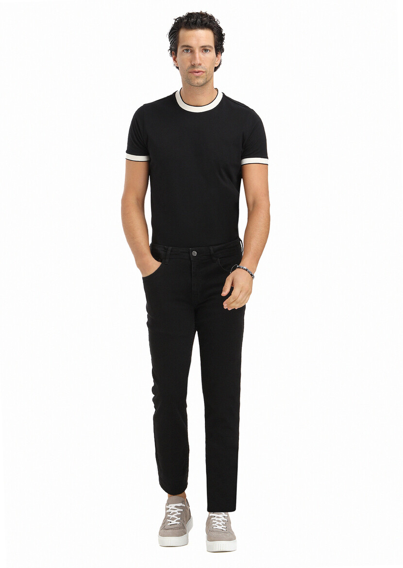 Black Slim Fit Denim Cotton Blended Trousers - 1