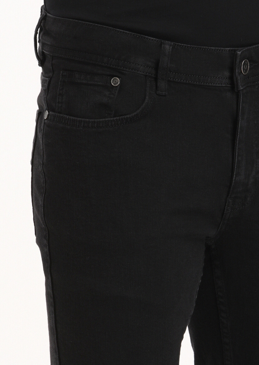 Black Slim Fit Denim Cotton Blended Trousers - 3