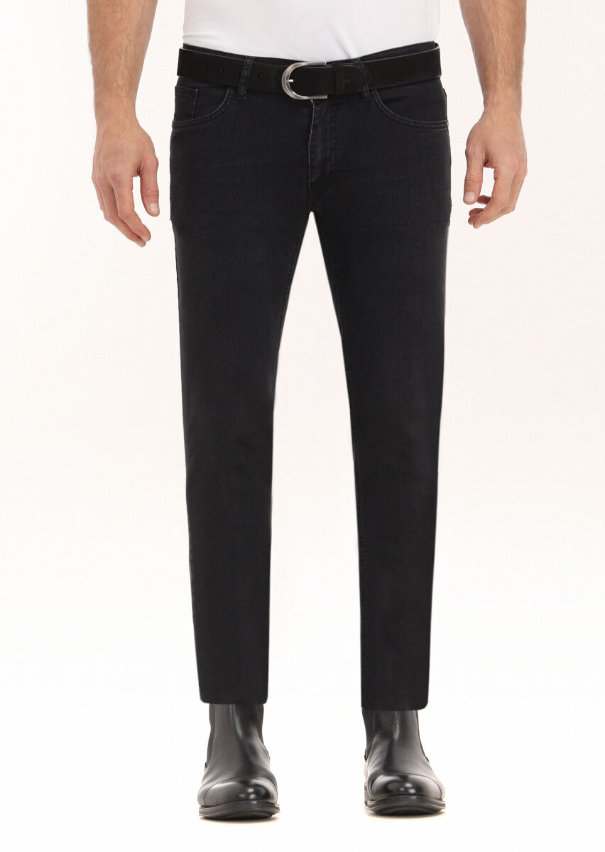 Black Slim Fit Denim Cotton Blended Trousers - 2
