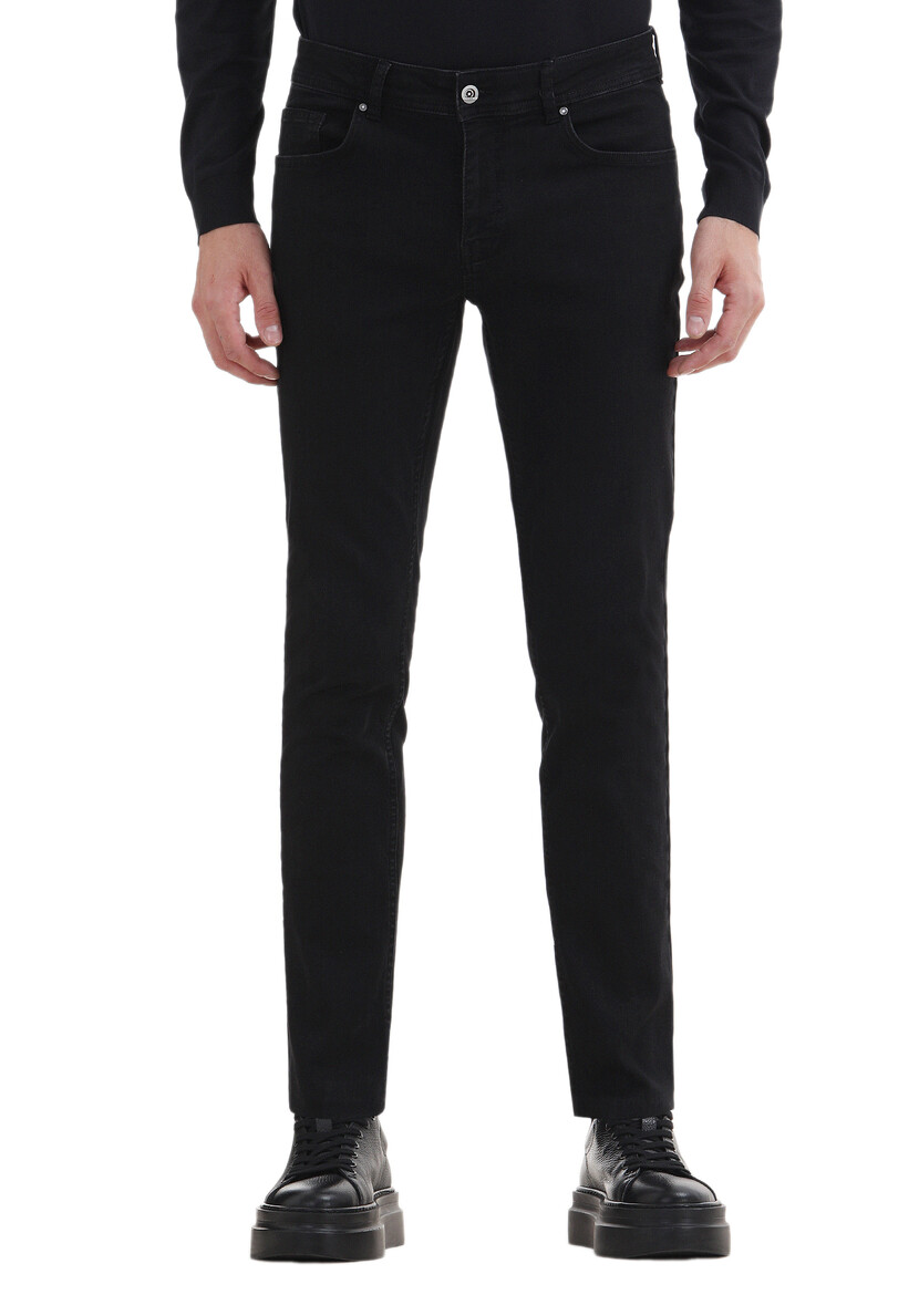 Black Slim Fit Denim Cotton Blended Trousers - 2