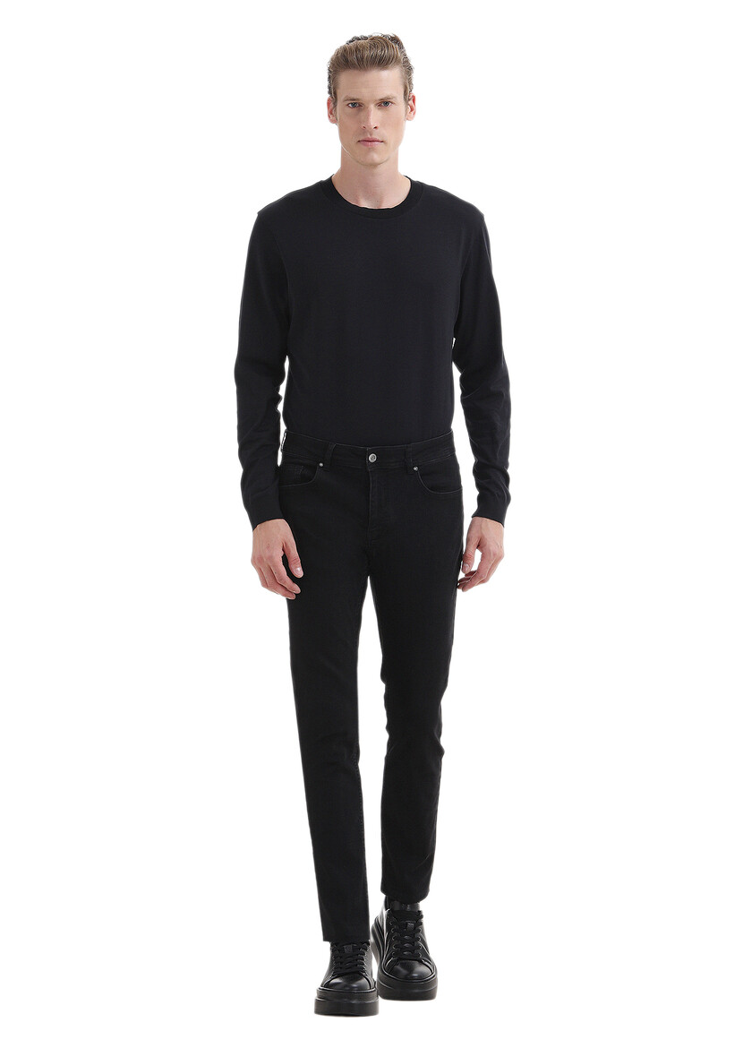 Black Slim Fit Denim Cotton Blended Trousers - 1