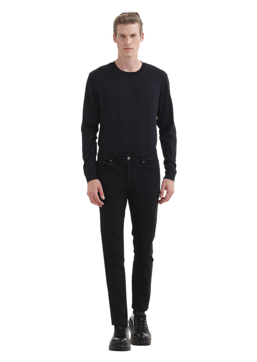 Black Slim Fit Denim Cotton Blended Trousers - 1