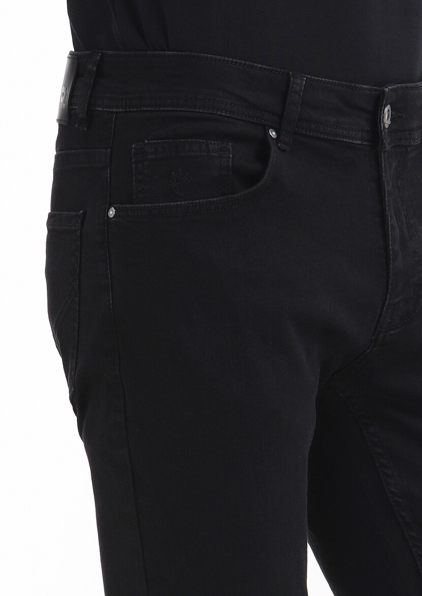 Black Slim Fit Denim Cotton Blended Trousers - 3