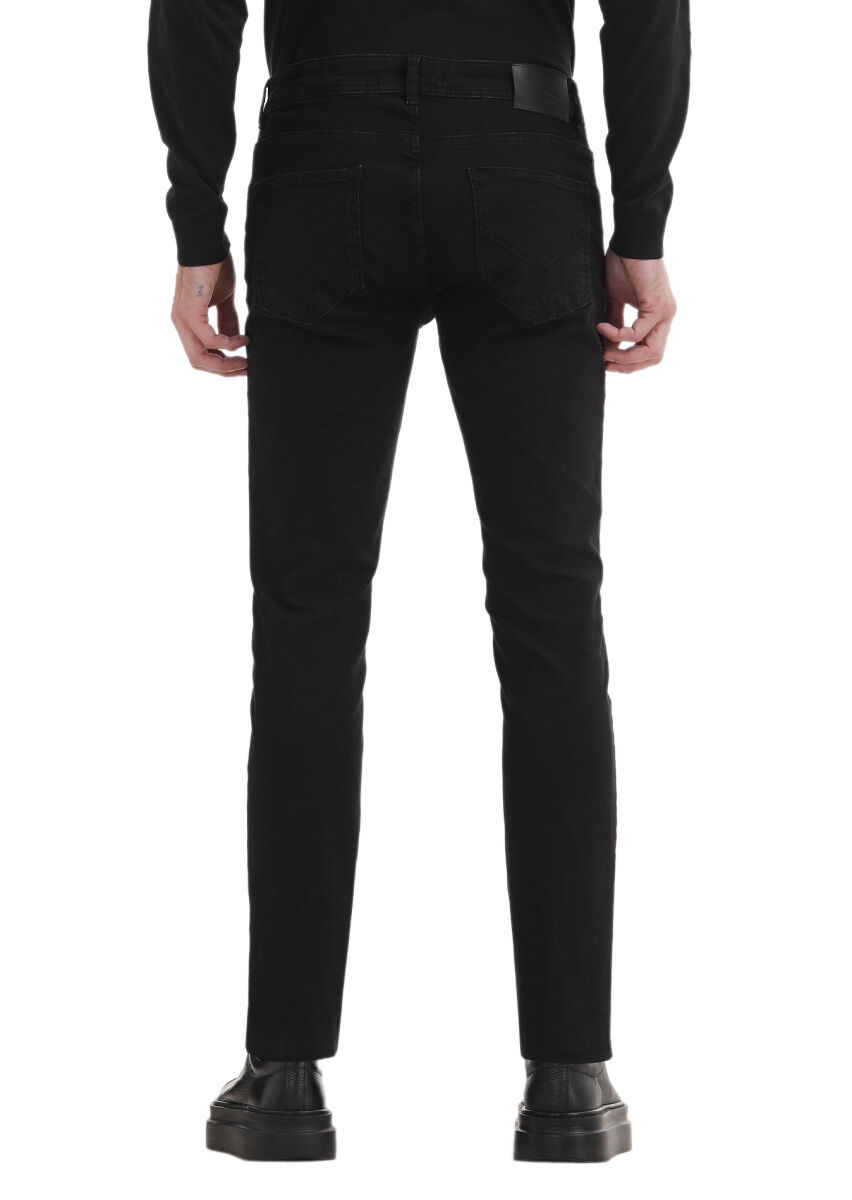 Black Slim Fit Denim Cotton Blended Trousers - 4