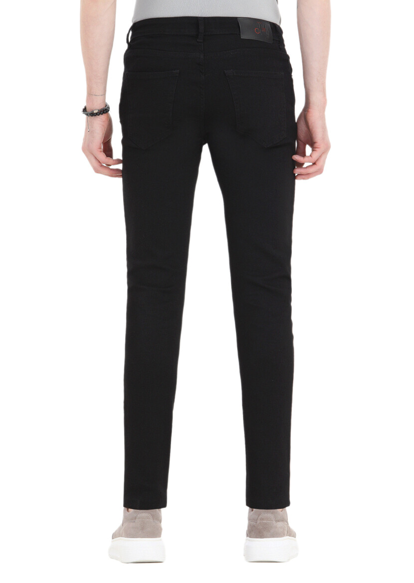 Black Slim Fit Denim Cotton Blended Trousers - 4