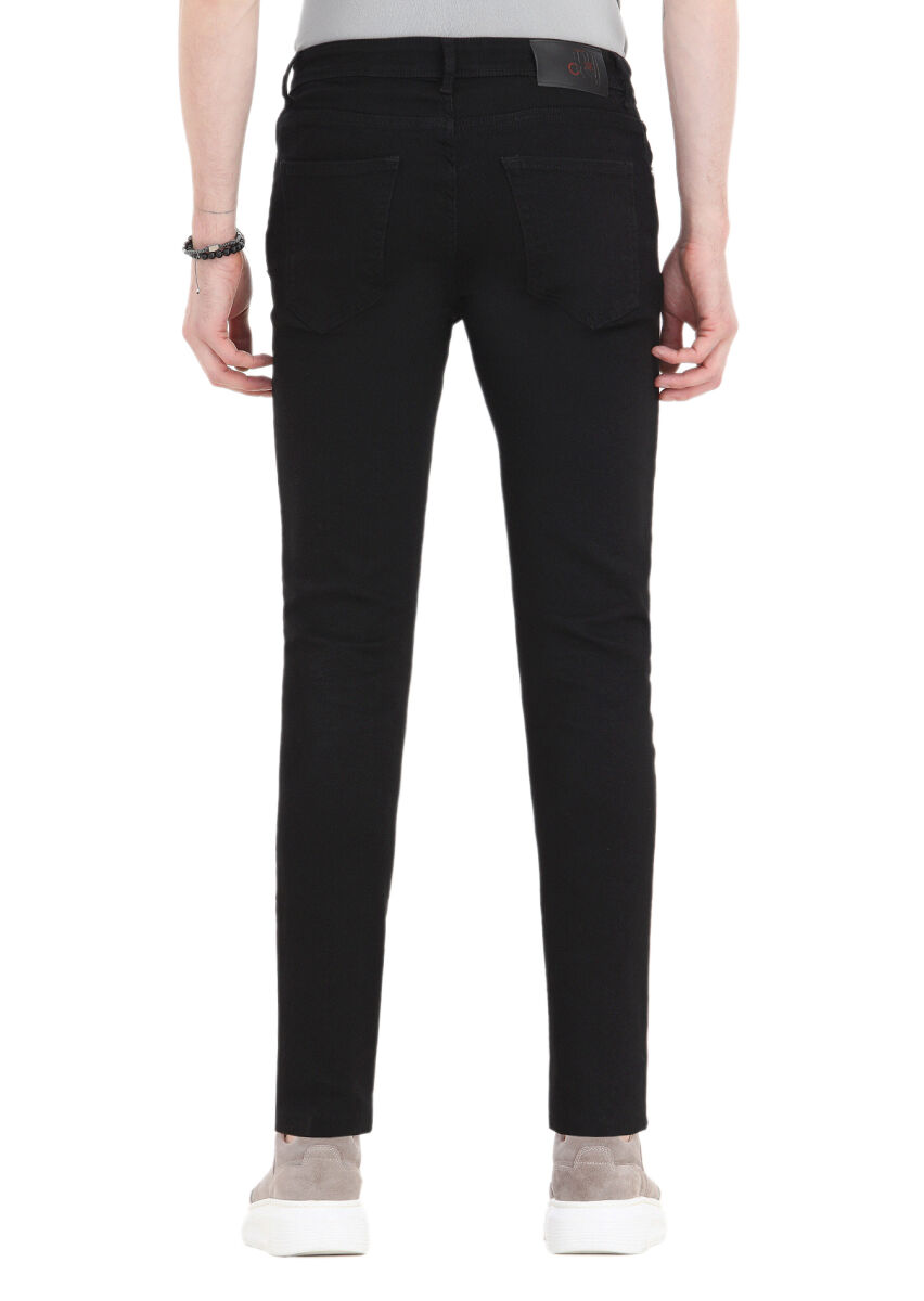 Black Slim Fit Denim Cotton Blended Trousers - 4