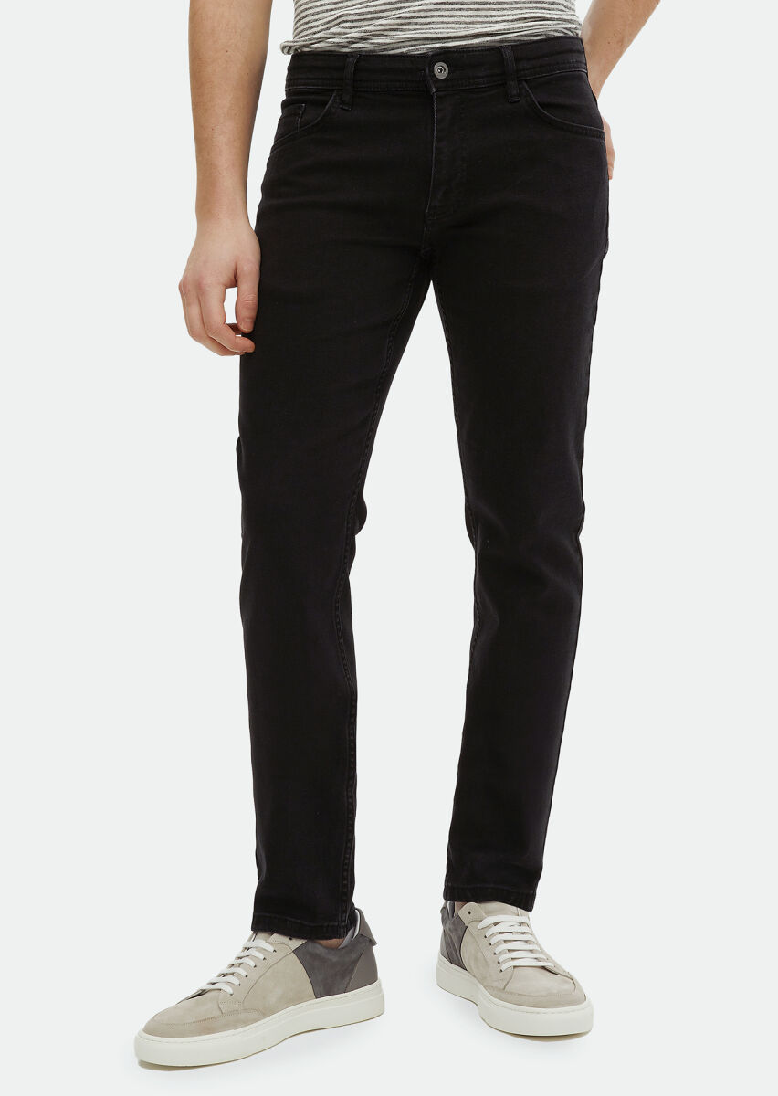 Black Slim Fit Denim Cotton Blended Trousers - 2