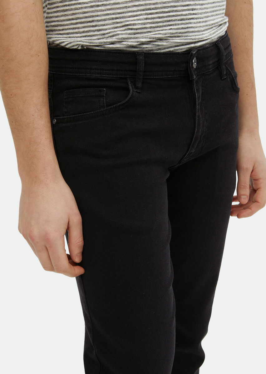 Black Slim Fit Denim Cotton Blended Trousers - 3