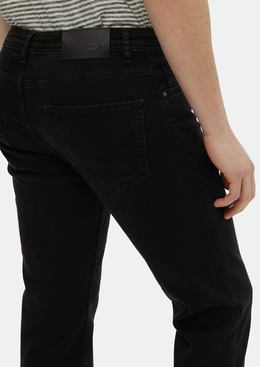 Black Slim Fit Denim Cotton Blended Trousers - 4