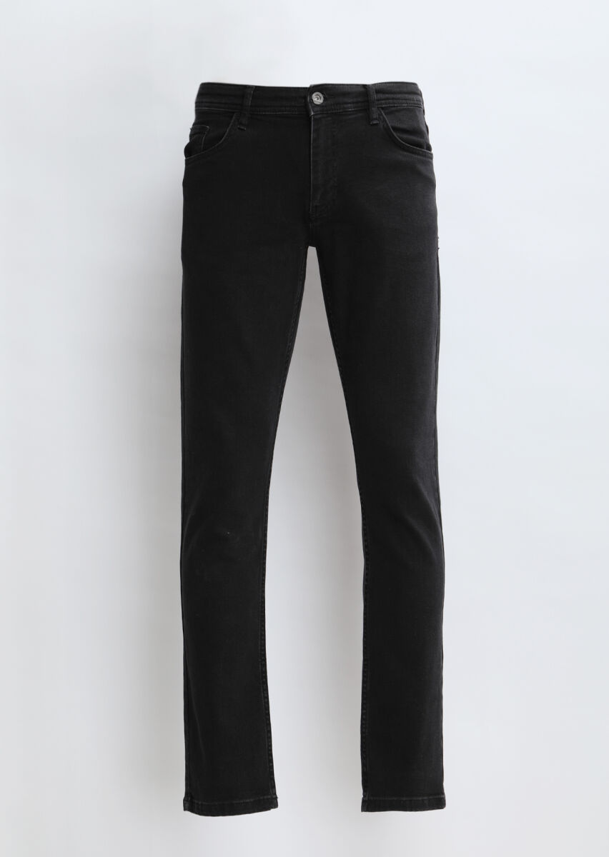 Black Slim Fit Denim Cotton Blended Trousers - 6