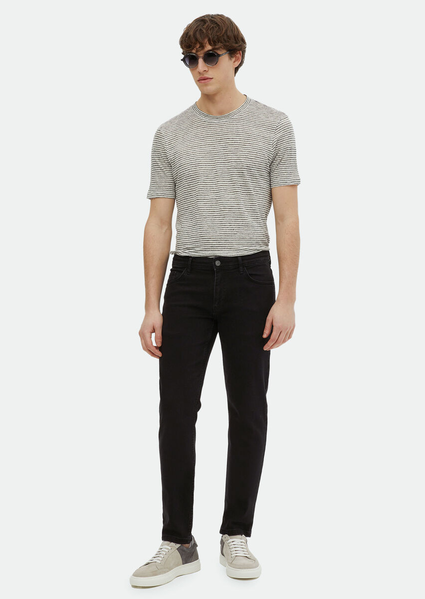 Black Slim Fit Denim Cotton Blended Trousers - 1