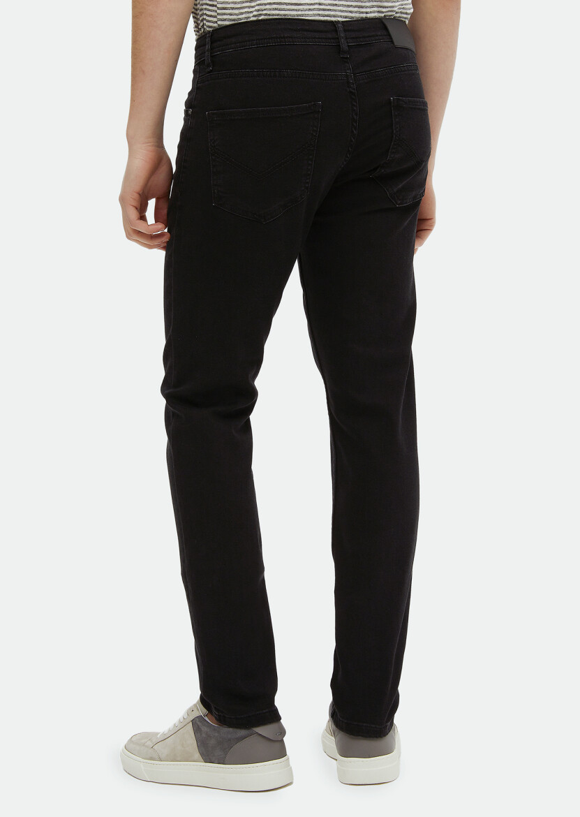 Black Slim Fit Denim Cotton Blended Trousers - 5