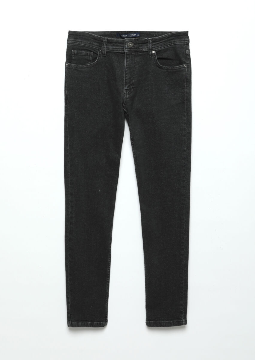 Black Slim Fit Denim Cotton Blended Trousers - 6