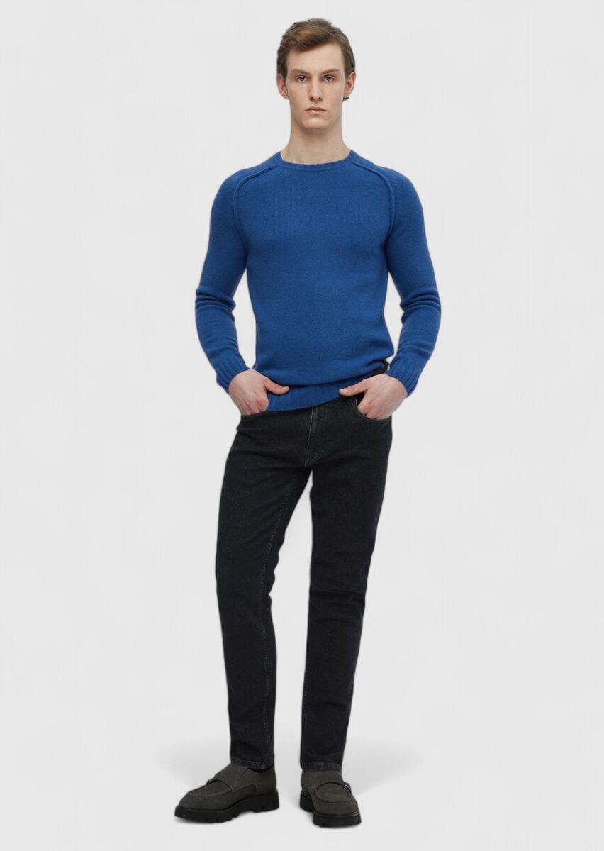 Black Slim Fit Denim Cotton Blended Trousers - 1