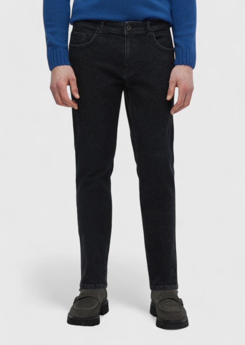 Black Slim Fit Denim Cotton Blended Trousers - 2