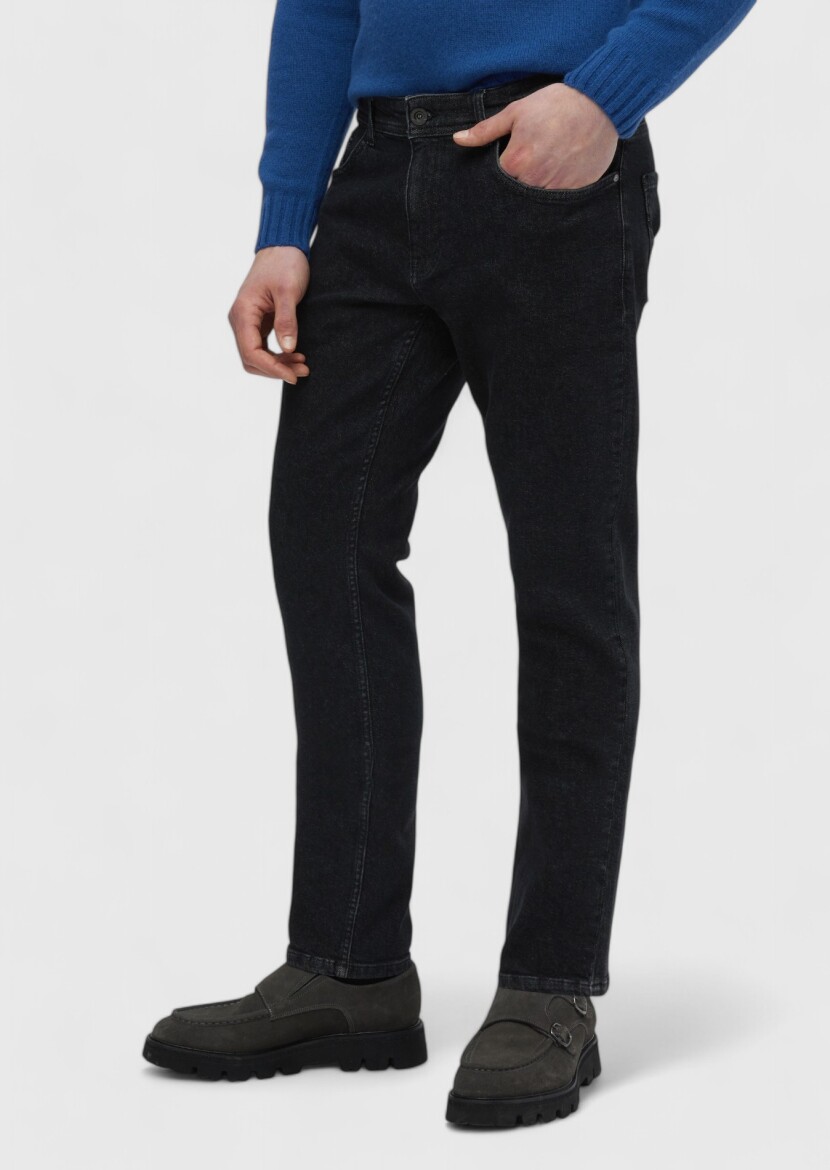 Black Slim Fit Denim Cotton Blended Trousers - 3