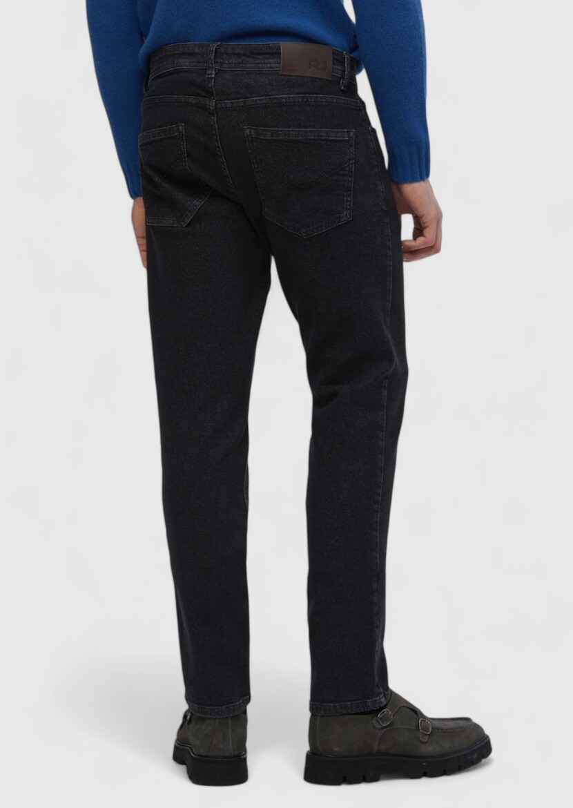 Black Slim Fit Denim Cotton Blended Trousers - 5