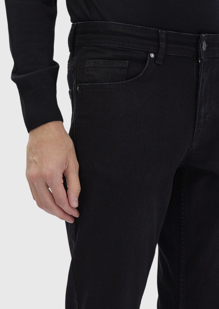 Black Slim Fit Denim Cotton Blended Trousers - 4