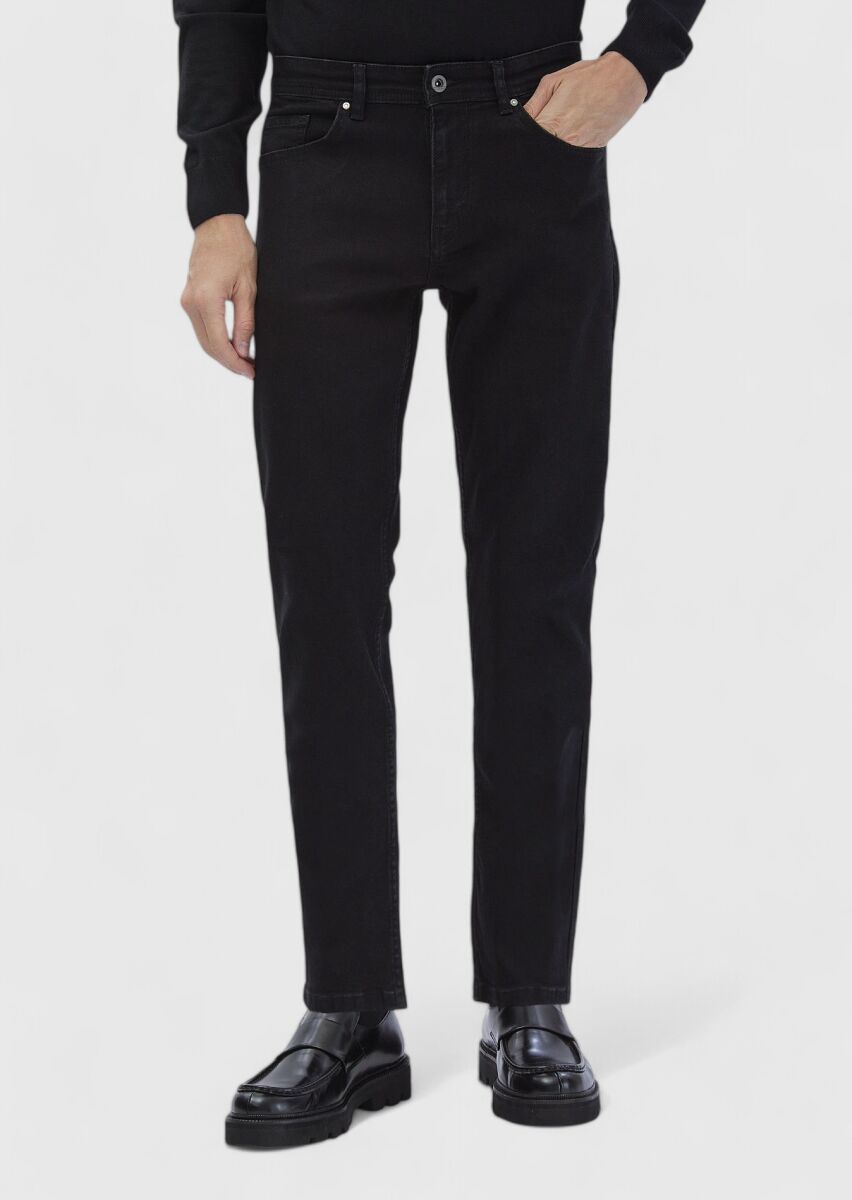 Black Slim Fit Denim Cotton Blended Trousers - 2