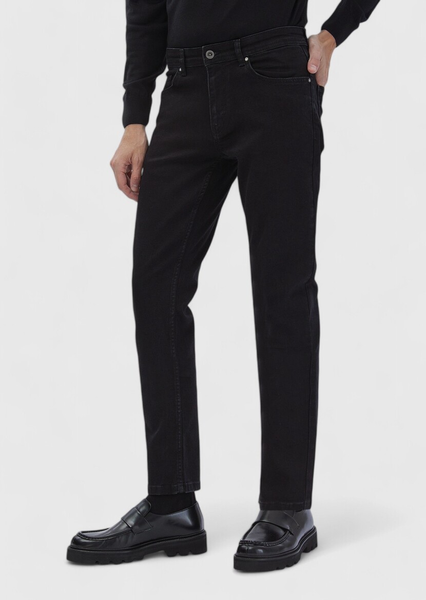 Black Slim Fit Denim Cotton Blended Trousers - 3