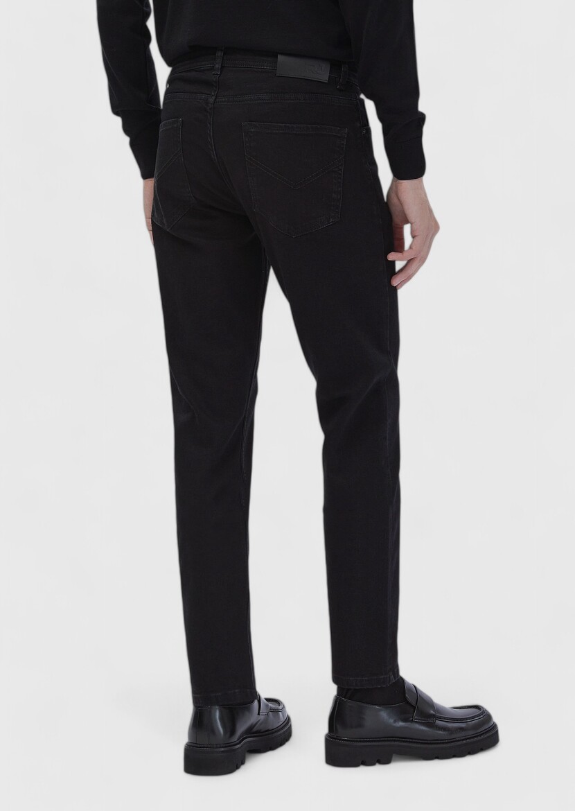 Black Slim Fit Denim Cotton Blended Trousers - 5