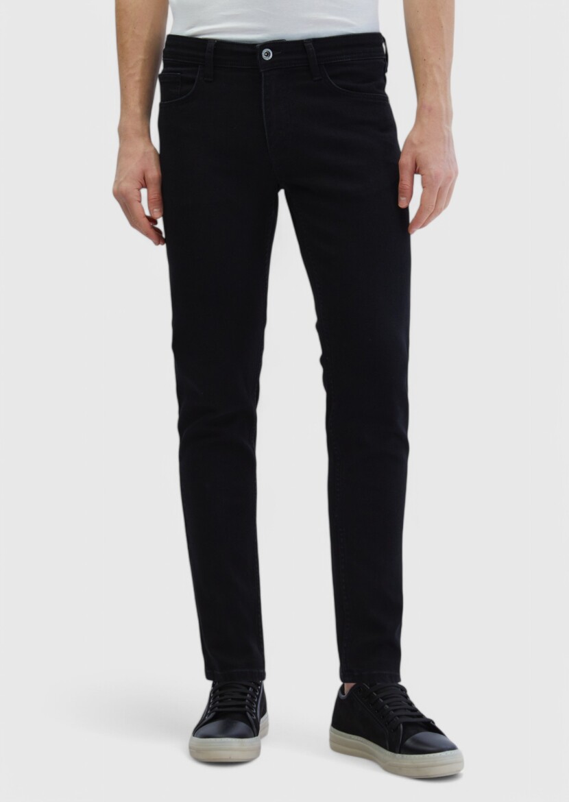 Black Slim Fit Denim Cotton Blended Trousers - 2