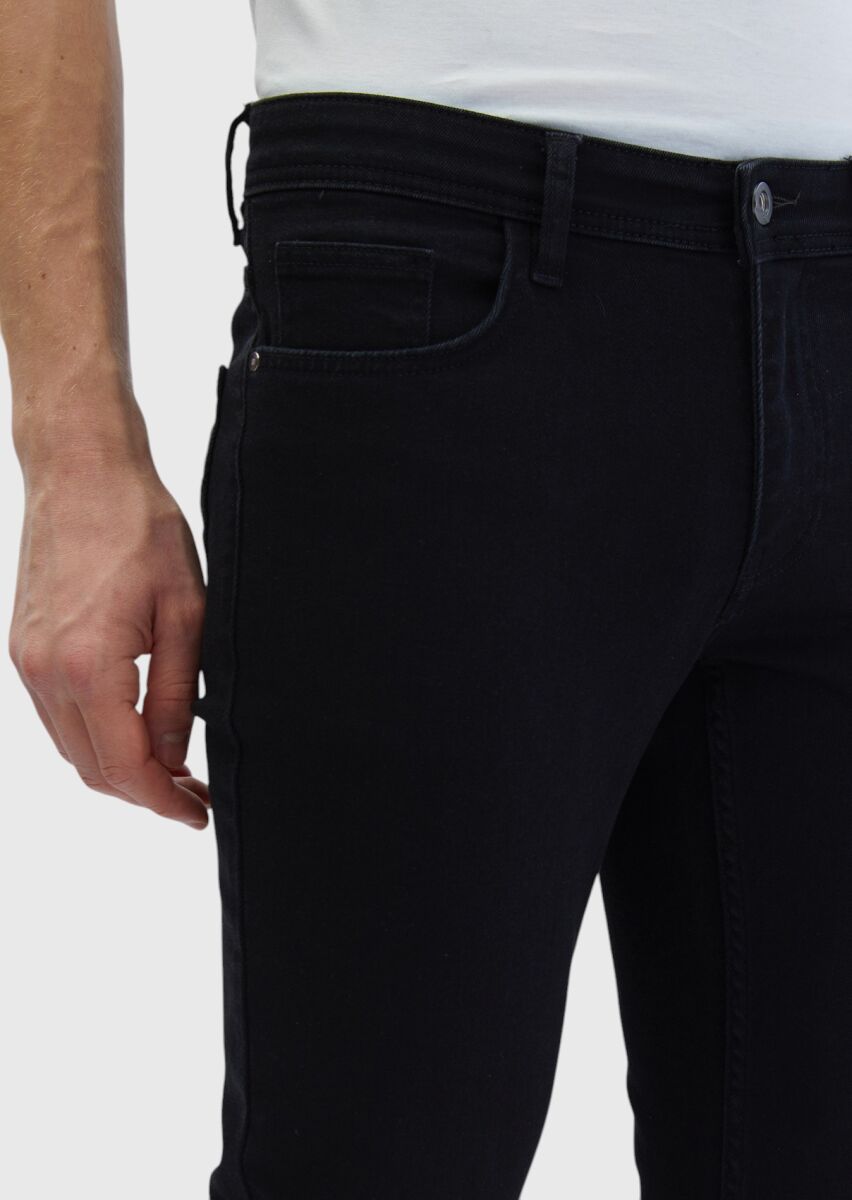 Black Slim Fit Denim Cotton Blended Trousers - 3