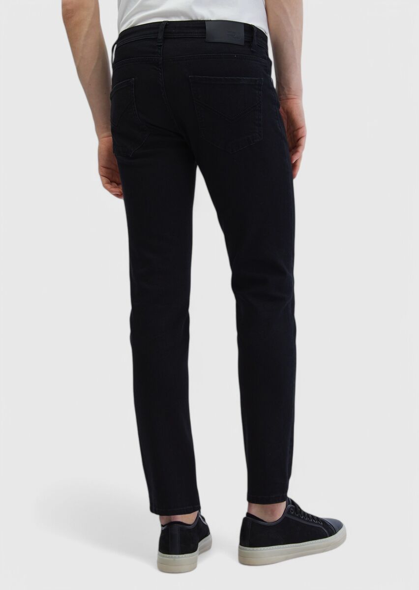 Black Slim Fit Denim Cotton Blended Trousers - 5