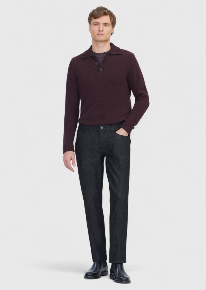 Black Slim Fit Denim Cotton Blended Trousers - 1