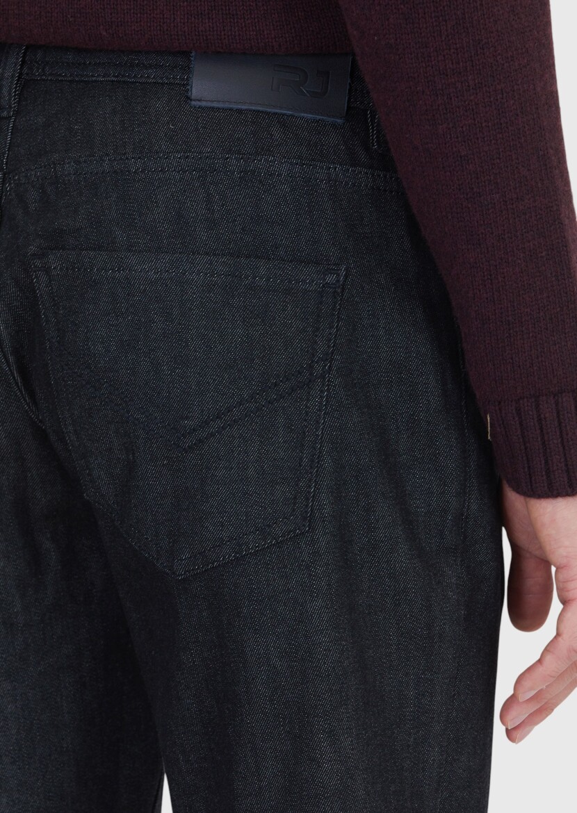 Black Slim Fit Denim Cotton Blended Trousers - 4