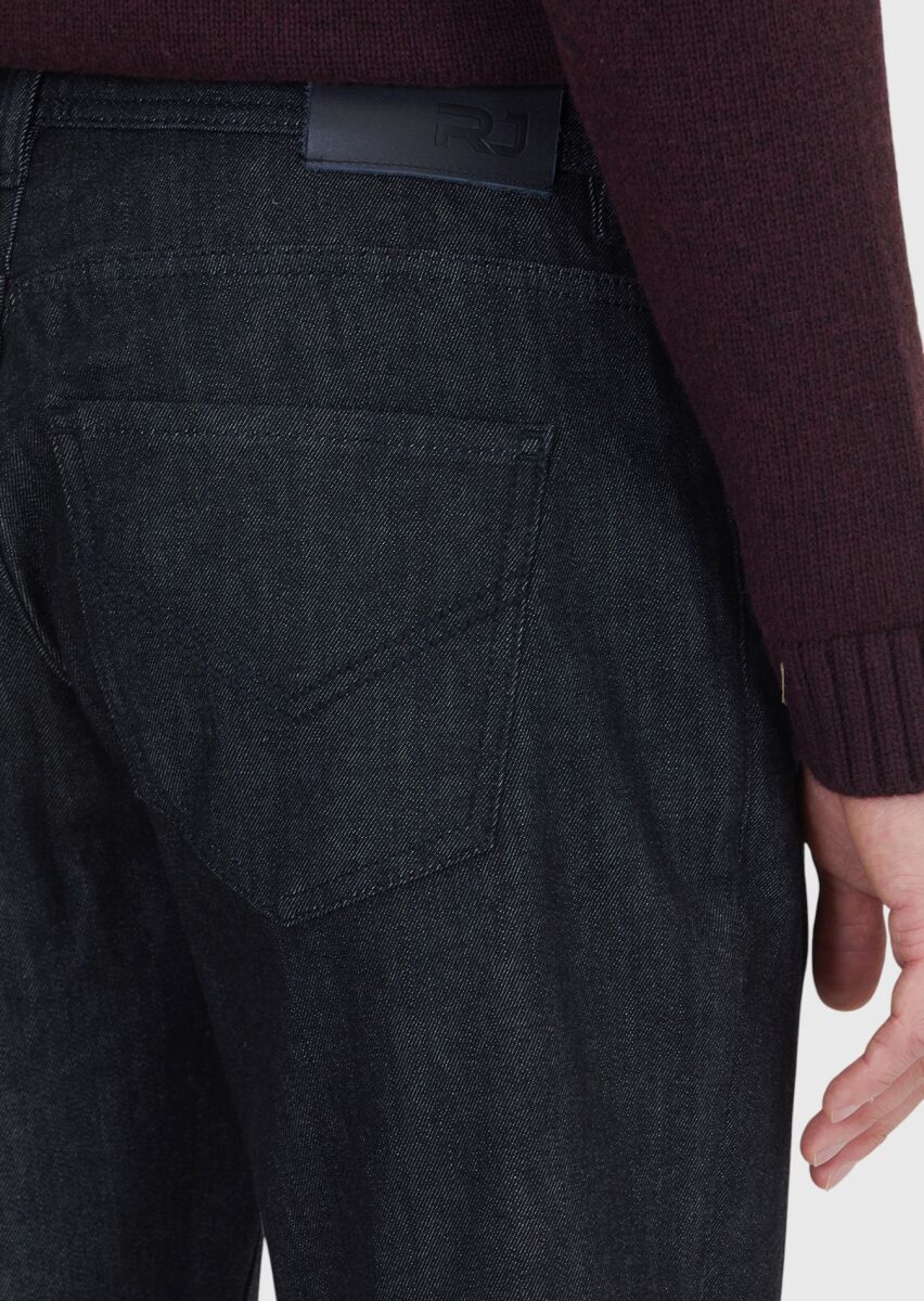 Black Slim Fit Denim Cotton Blended Trousers - 4