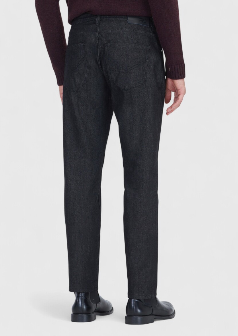 Black Slim Fit Denim Cotton Blended Trousers - 5