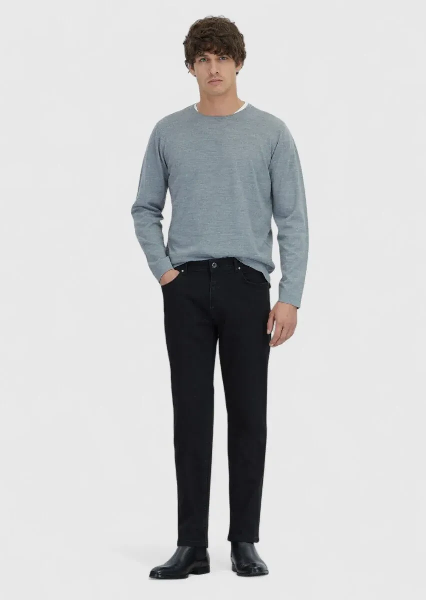Black Slim Fit Denim Cotton Blended Trousers - 1