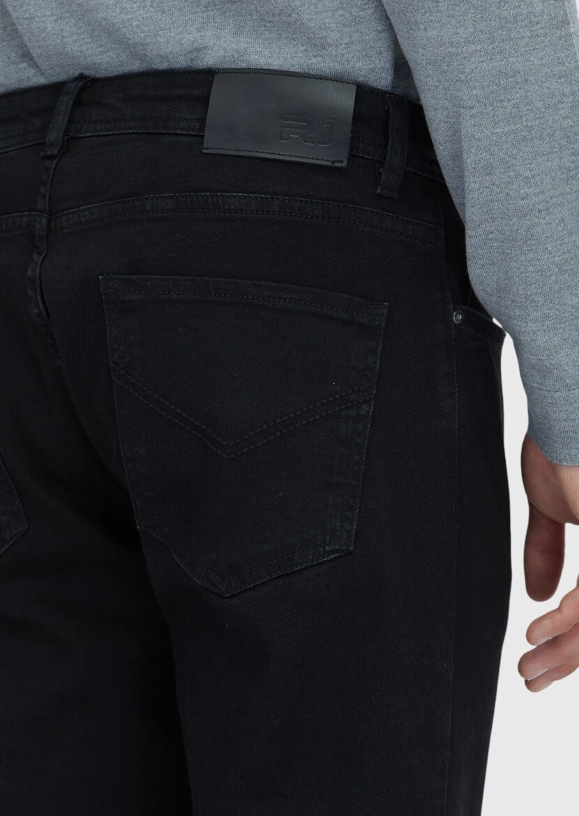Black Slim Fit Denim Cotton Blended Trousers - 4