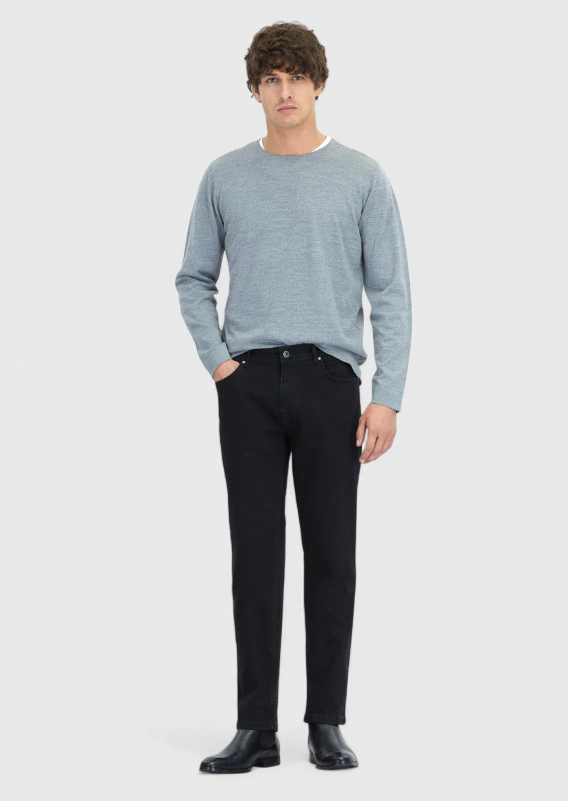 Black Slim Fit Denim Cotton Blended Trousers - 1