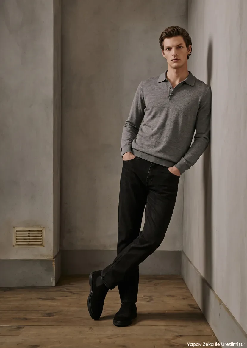 Black Slim Fit Denim Cotton Blended Trousers - RAMSEY