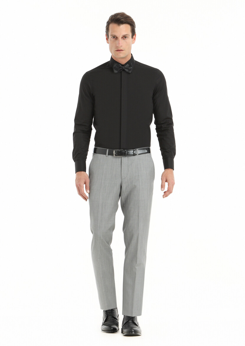 Black Slim Fit Double Cuff Pointed Collar Tuxedo Shirts - RAMSEY