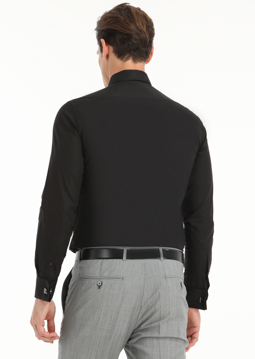 Black Slim Fit Double Cuff Pointed Collar Tuxedo Shirts - RAMSEY