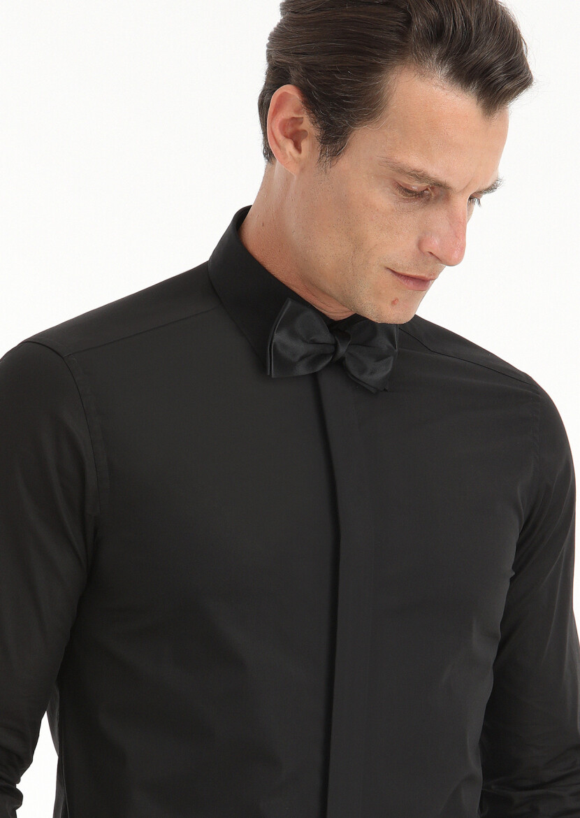 Black Slim Fit Double Cuff Pointed Collar Tuxedo Shirts - 3